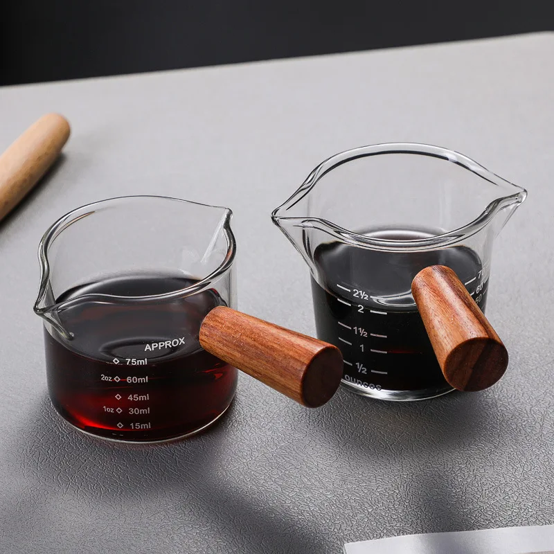 

Italian Glass Coffee Measuring Cup with Spout Ounce Cup with Wooden Handle, As picture