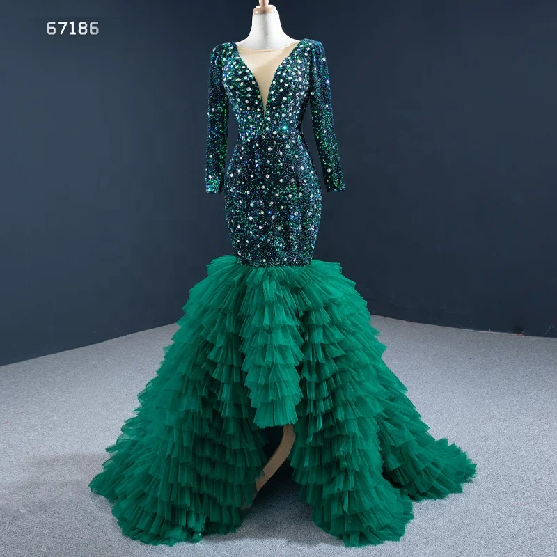 

Jancember RSM67186 Long Sleeve Heavy Beading Formal Green Mermaid Evening Dresses Women