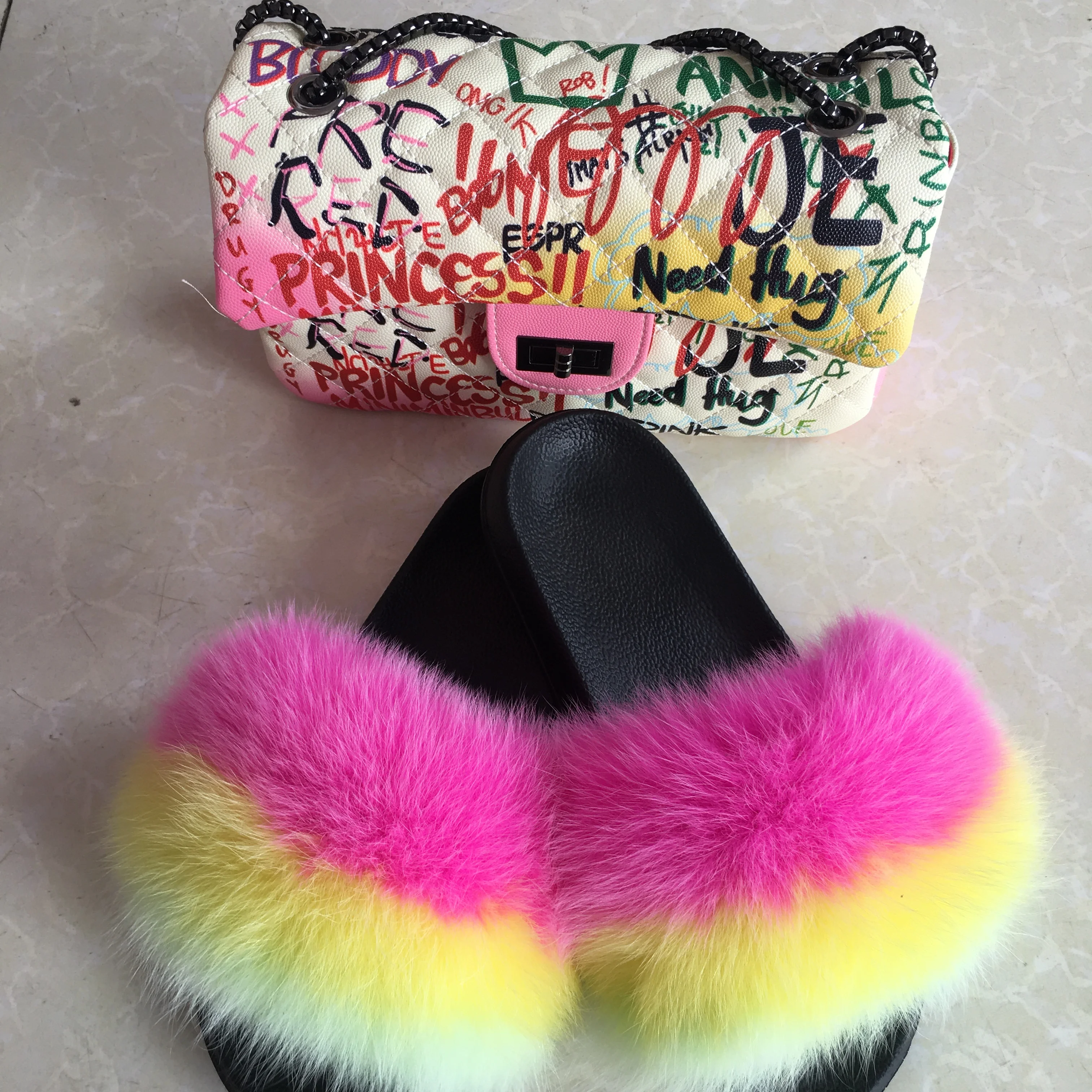 

Purse And Fur Slides Slippers With Jelly Bag Purse Set, Customized color