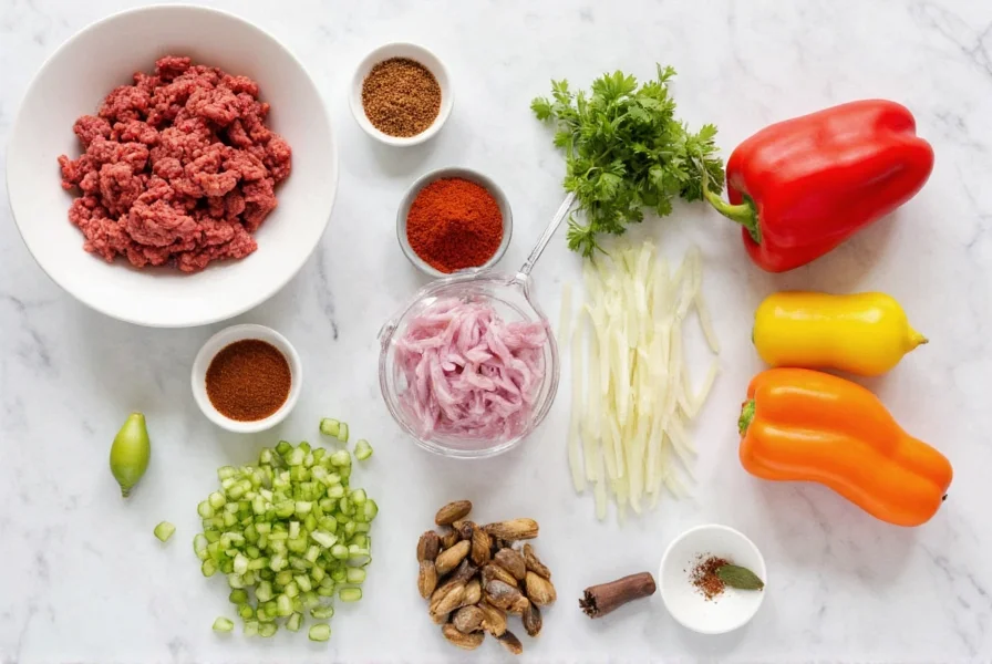 Step-by-step preparation of homemade chili ingredients including ground beef, fresh vegetables, and spice blend arranged on kitchen counter