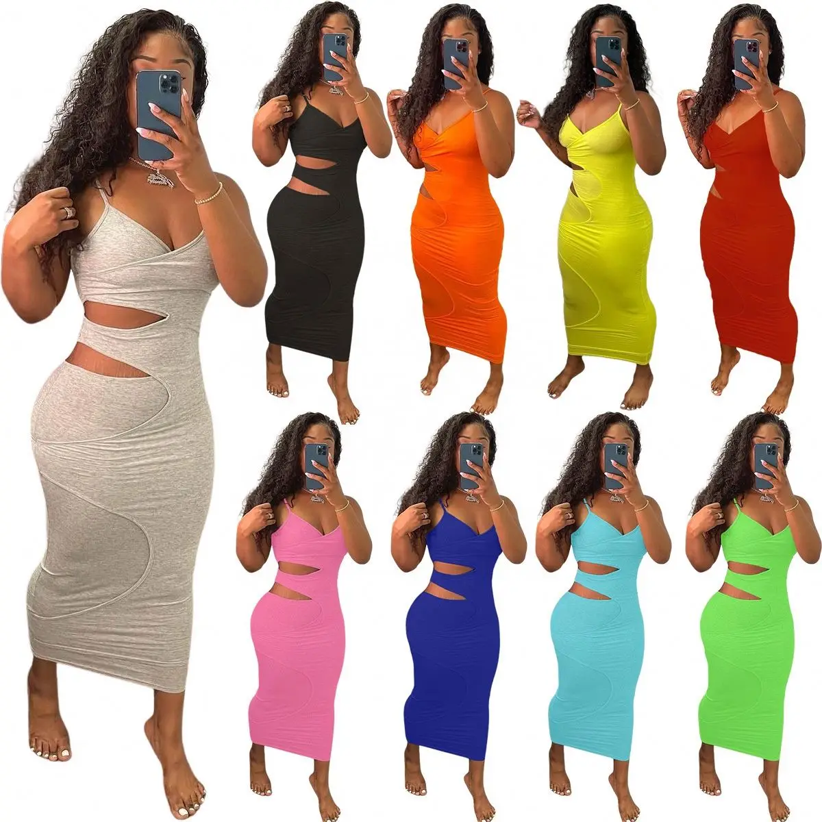 

2021 New Club Dresses Sexy Hollow Halter Split Layer Strap Cotton Bodycon Dress Sleeveless v Neck Cut Out Midi Club Dress, Picture color