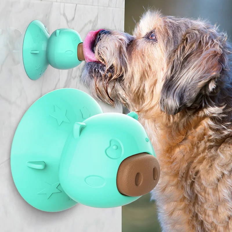 

Amazon Hot Sale Pig Shape Molar Biscuits Puzzle Bite Resistant Rubber Suction Cup Molar Stick Dog Treat Toy, Yellow,green,lake blue