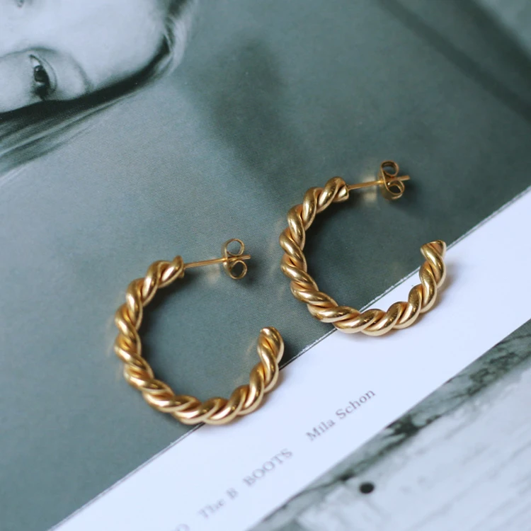 

wholesale Chic French retro chunky twisted hoop earrings hoop earrings stainless steel spiral rope chain earings women jewelry, Optional as picture,or customized