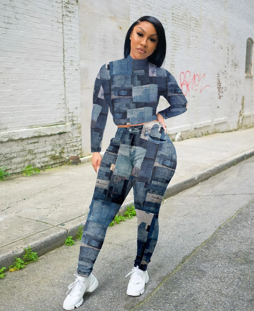 

Denim sets for women pant set womens clothing spring sets women skinny design style Long sleeve high collar casual, Picture