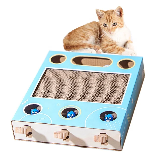 

Corrugated Paper Cat Scratcher Box 3 In 1 Wooden Whac-a-mole Game Grinded Paw Cat Cardboard Scratcher Toy, Blue