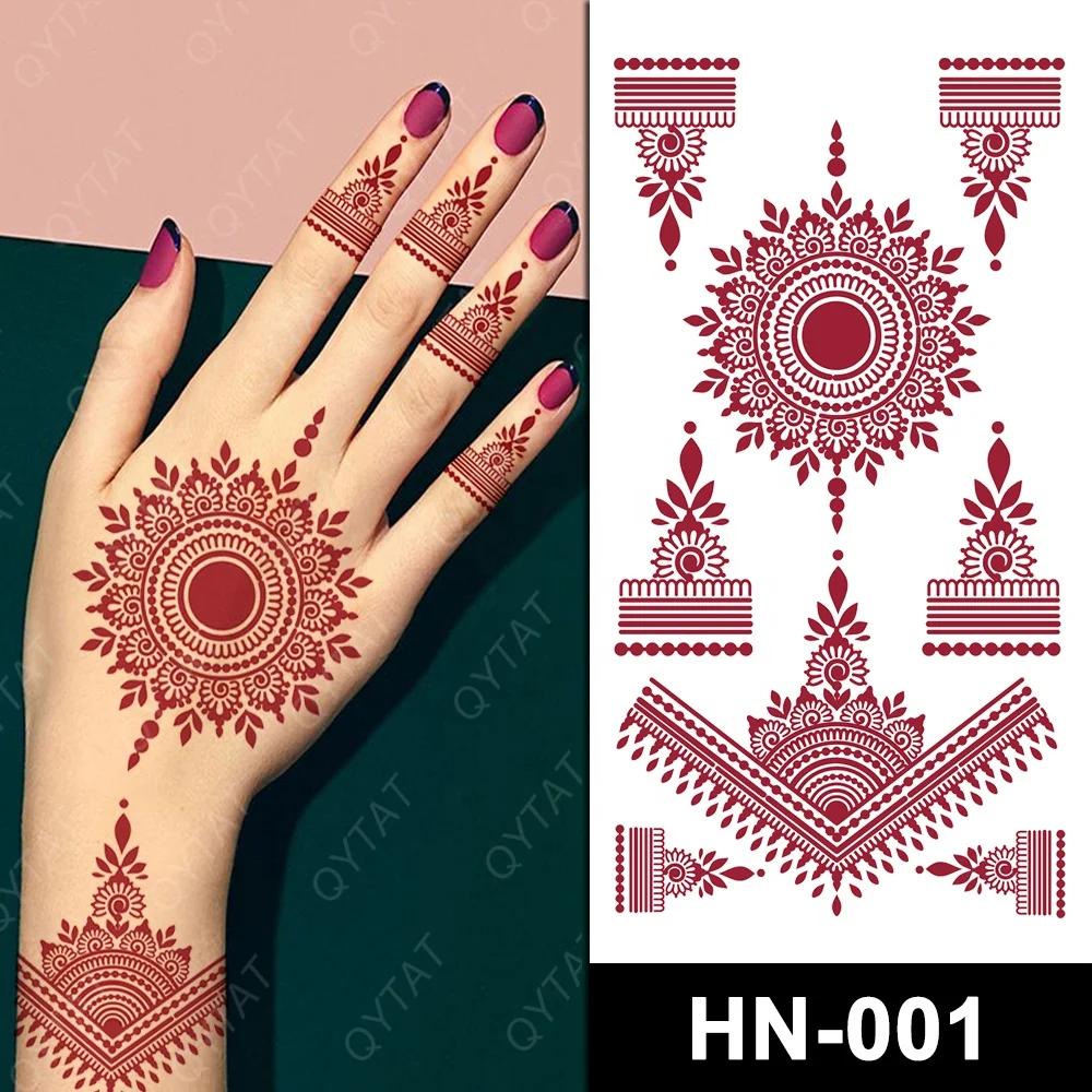 

Fake Temporary Henna Tattoo Full Hand India Mehndi Design Brown Red Maroon Sexy Finger Hand Tattoo Stickers For Women Girls