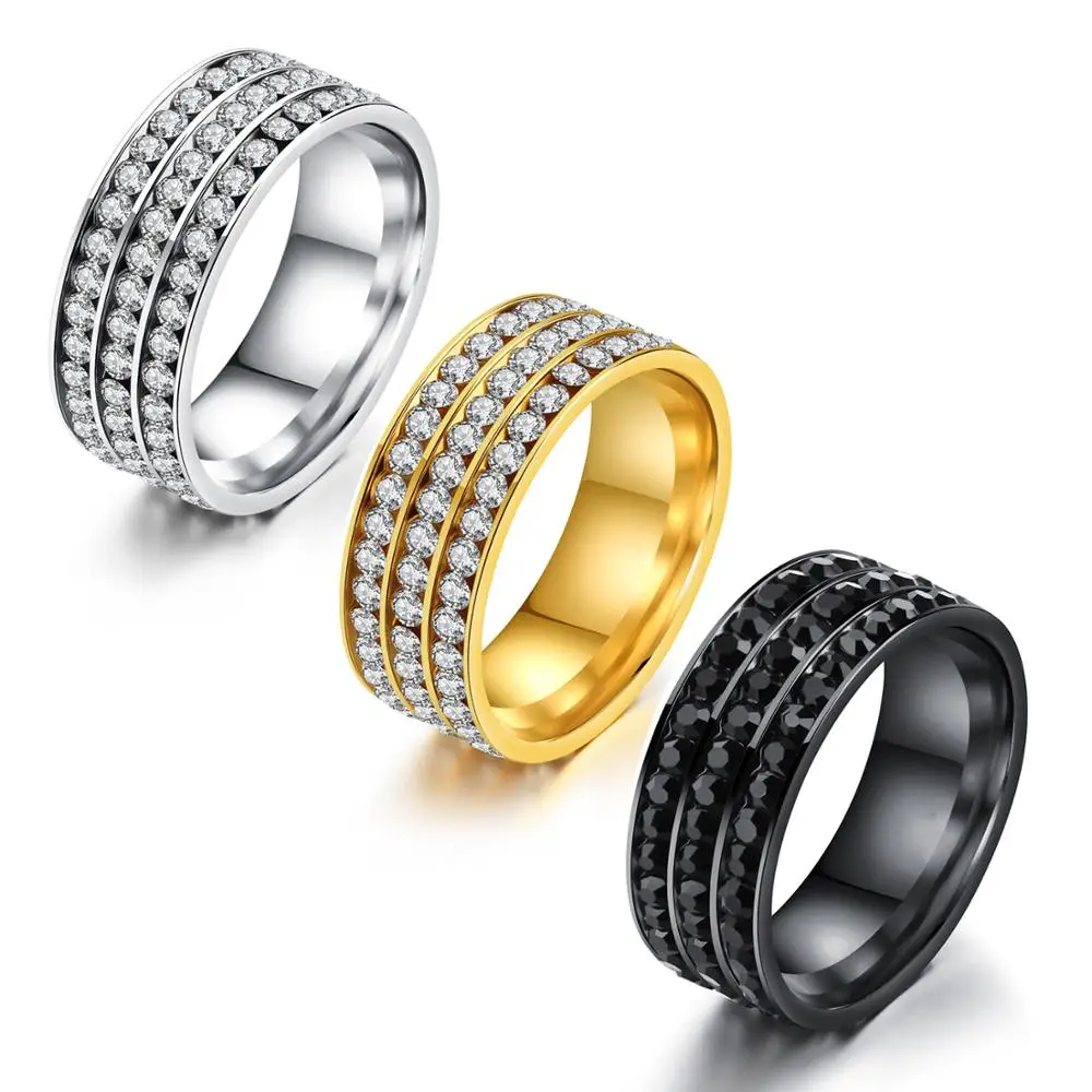 

Boutique Korea Styles couple high polished comfortable titanium steel real gold plating creative three row diamond crystal rings