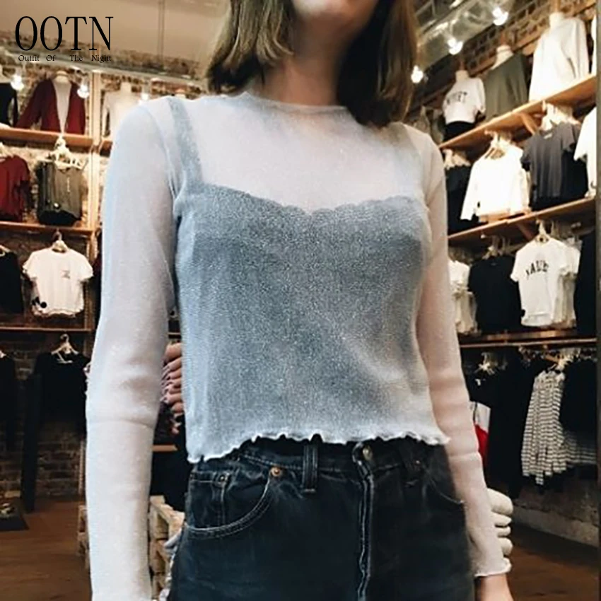 

OOTN 2020 Spring Summer Clothes Women Streetwear Sexy See Through O Neck Solid T-Shirt Women Long Sleeve Casual T Shirt Top Fema