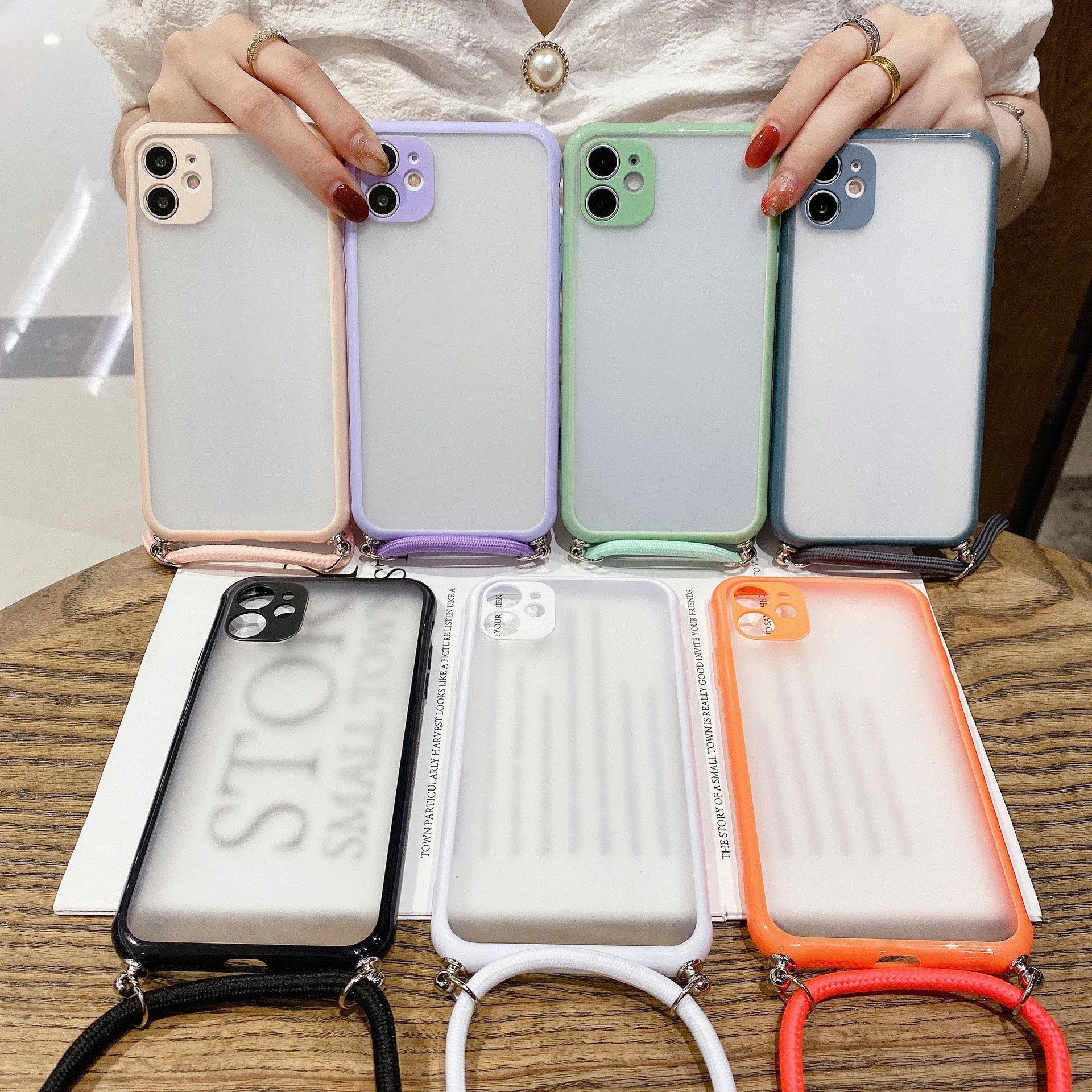 

Anti-Drop Candy Color Lanyard Phone Case For iphone 12 Pro Max Anti Fall Shockproof Pu Phone Cover