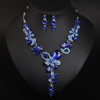 

6 Colors Flower Shape Necklace and Earring Bridesmaid Bridal Jewelry Set for Wedding Crystal Jewellery Sets for women, As picture shows