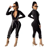 

B91213 2019 Women fashion sexy long sleeve V neck jumpsuit stretchy jumpsuit women stripe solid color patchwork bodycon jumpsuit