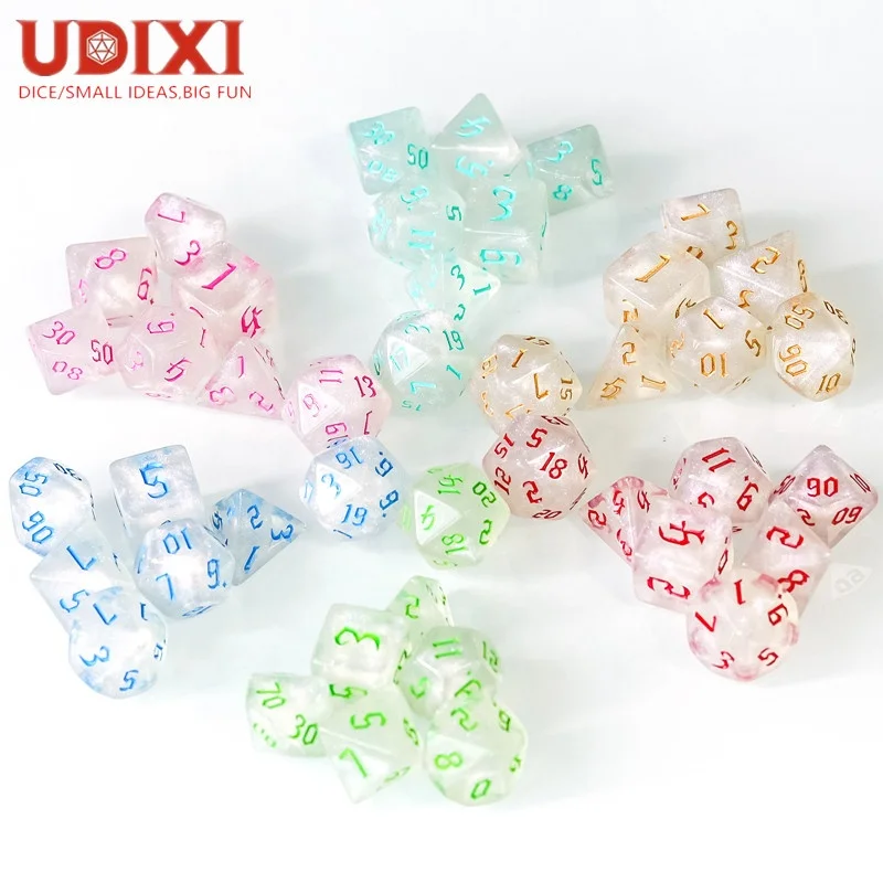 

White Glitter Dice with Different Color Typeface Polyhedral Acrylic Dice DND RPG MTG Dungeons and Dragons Dice Set, Multi-colors