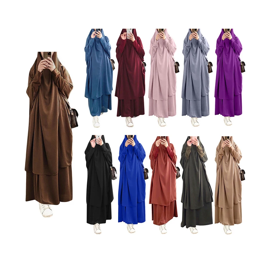 

New Muslim Dubai Islamic Clothing EID Women 2 piece Nida Robe Khimar Jilbab Ramadan Prayer Dress Abaya, 11 colors in stock accepted customzied design