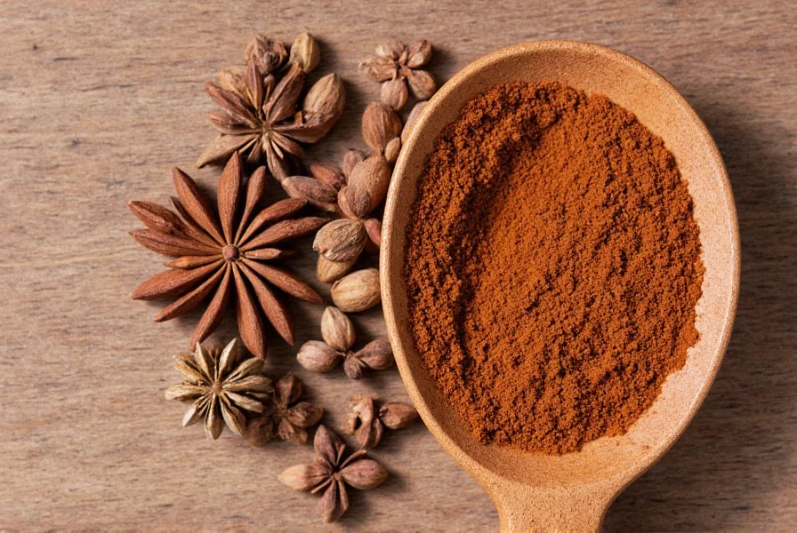Close-up of allspice berries next to ground allspice in a wooden spoon on a rustic kitchen counter