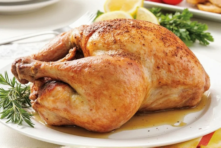 Close-up shot of a seasoned turkey with herbs rubbed under the skin