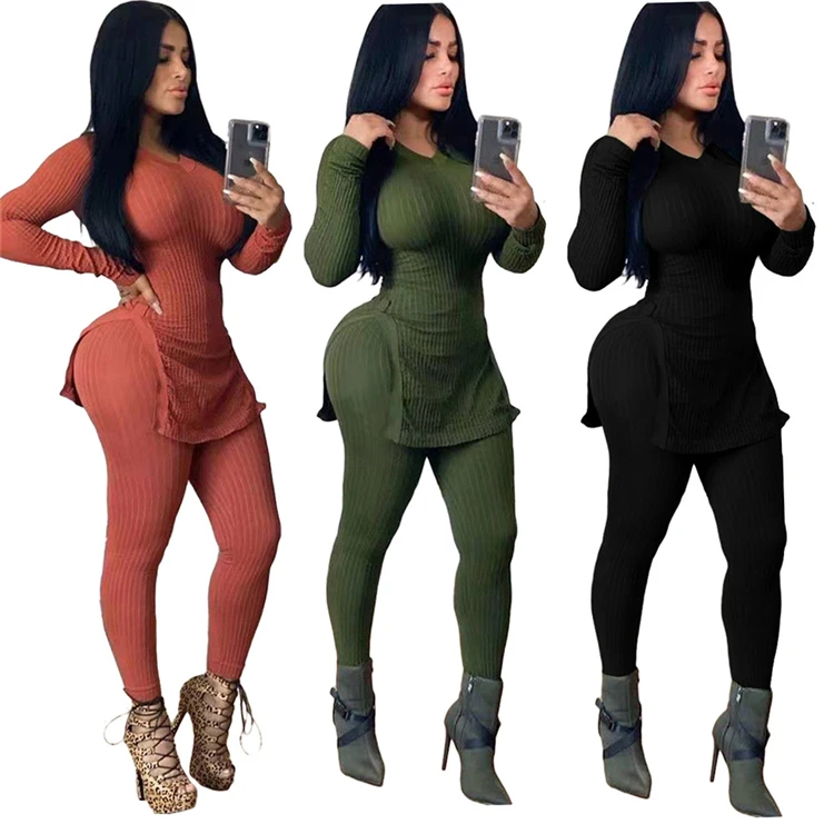 

2021 Spring Casual Wear Ribbed Split HemTop 2 Piece Outfit Set For Women Long Sleeve Two Piece Pants Set, As picture