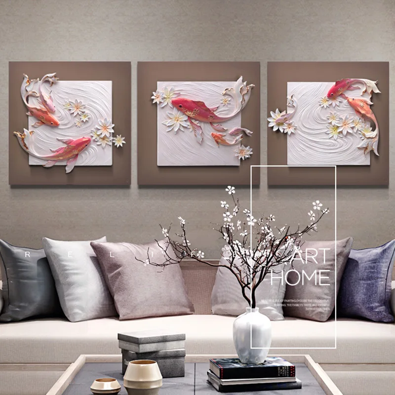 

Relife Hotsale 100% Handmade 60x60 Koi Fish Painting 3d Wall Panels Painting Home Decoration, Customized color