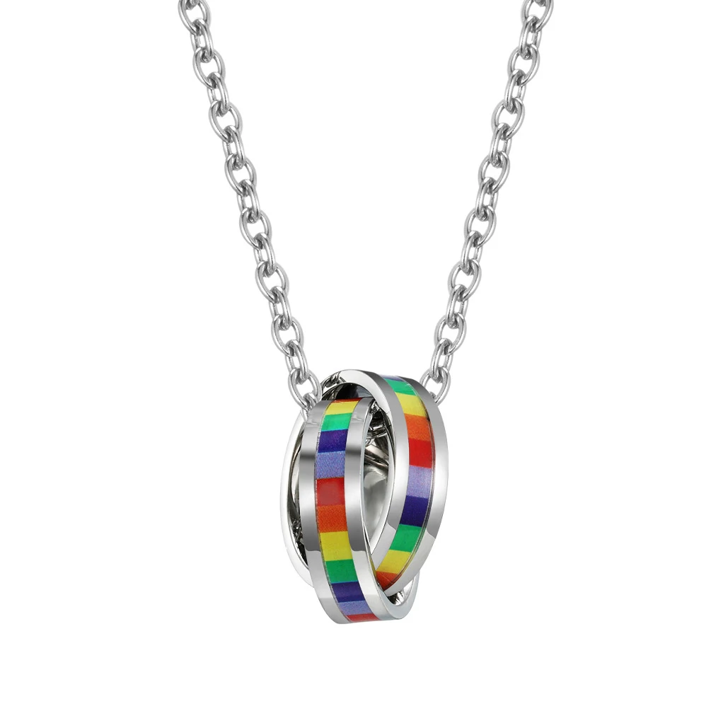 

Stainless Steel Jewelry Unisex LGBT Pride Gay Lesbian Flag Rainbow Double Rings Pendant Necklace Homosexual Accessories