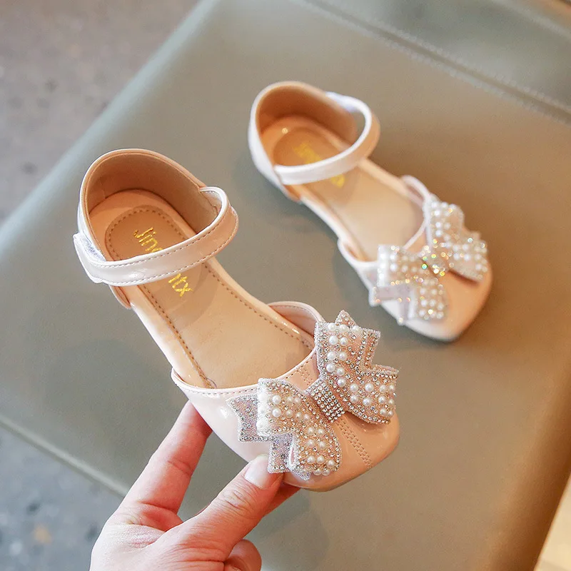 

2022 new girl princess shoes rhinestone bow little girl Baotou sandals children's leather shoes performance shoes, Pink/beige