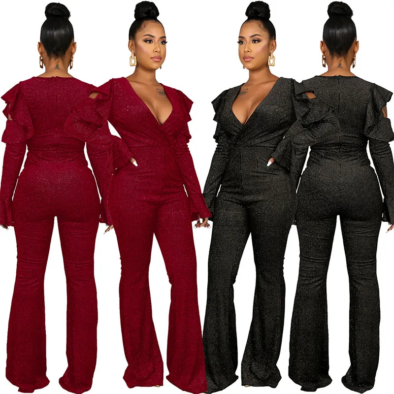 

New Arrivals Women's Sexy Solid Color V-neck Flounces Jumpsuit, Picture