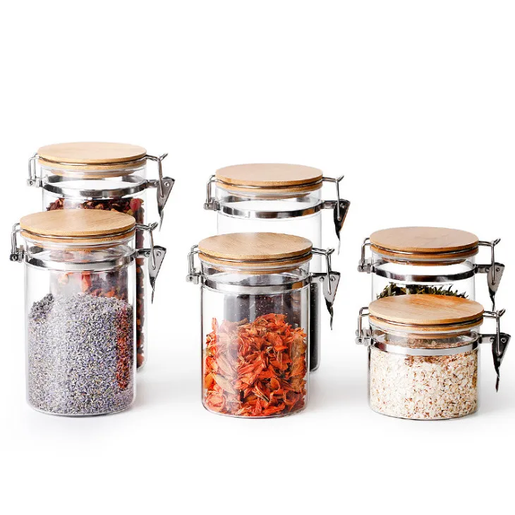

High Borosilicate Glass Storage Jar With Bamboo Lid clip lid, Clear