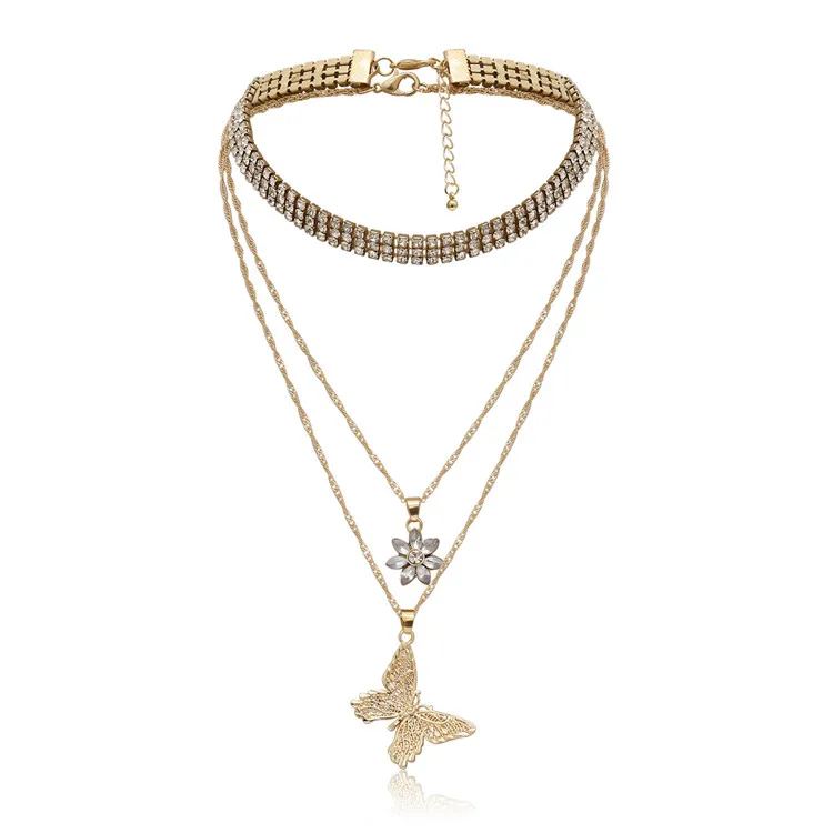 

Bohemian Muttilayer Crystal Flower Rhinestone Choker Necklace Layered Gold Butterfly Pendant Necklace