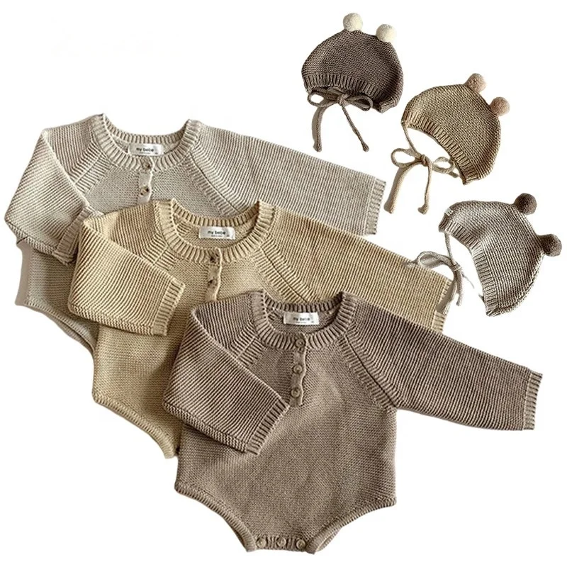 

New Toddler Baby Boys Girls Knitted Bodysuit Autumn Infant Jumpsuit Knitwear Outfits Newborn Sweater with Hat