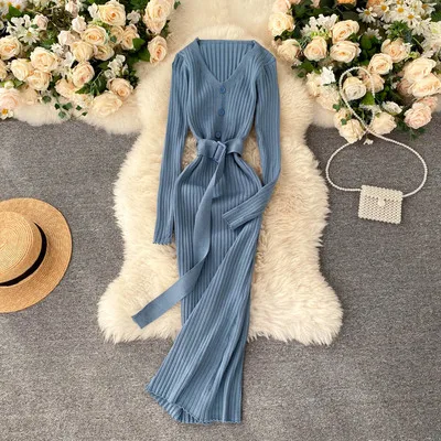 

2020 Autumn Winter Women European Fashion Elastic Knitted Dress