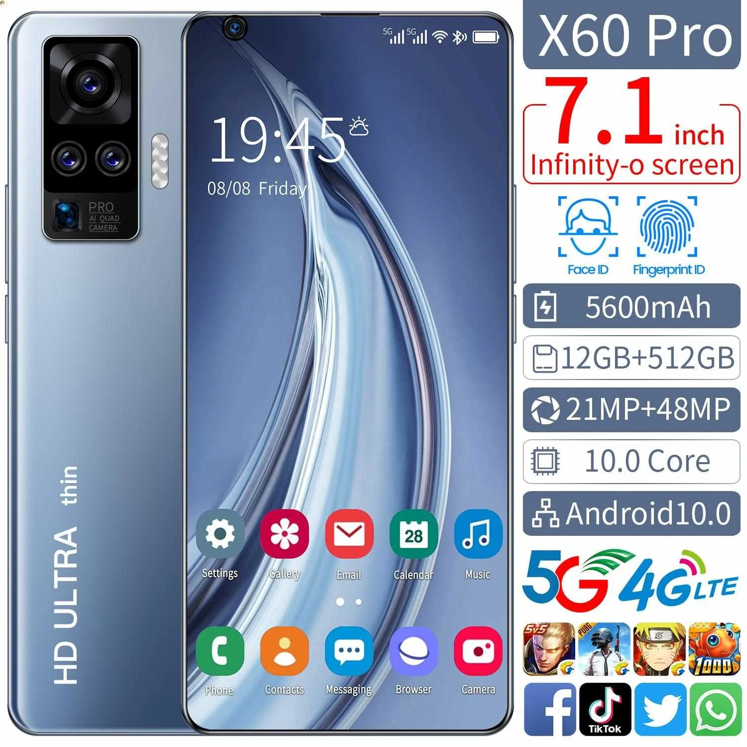 

X60 Pro 7.1inch 3040x1440 MTK6799 10-Core Android Smartphones 12GB+512GB 5G Cellphones 5600mAh Large Capacity Mobile Phone