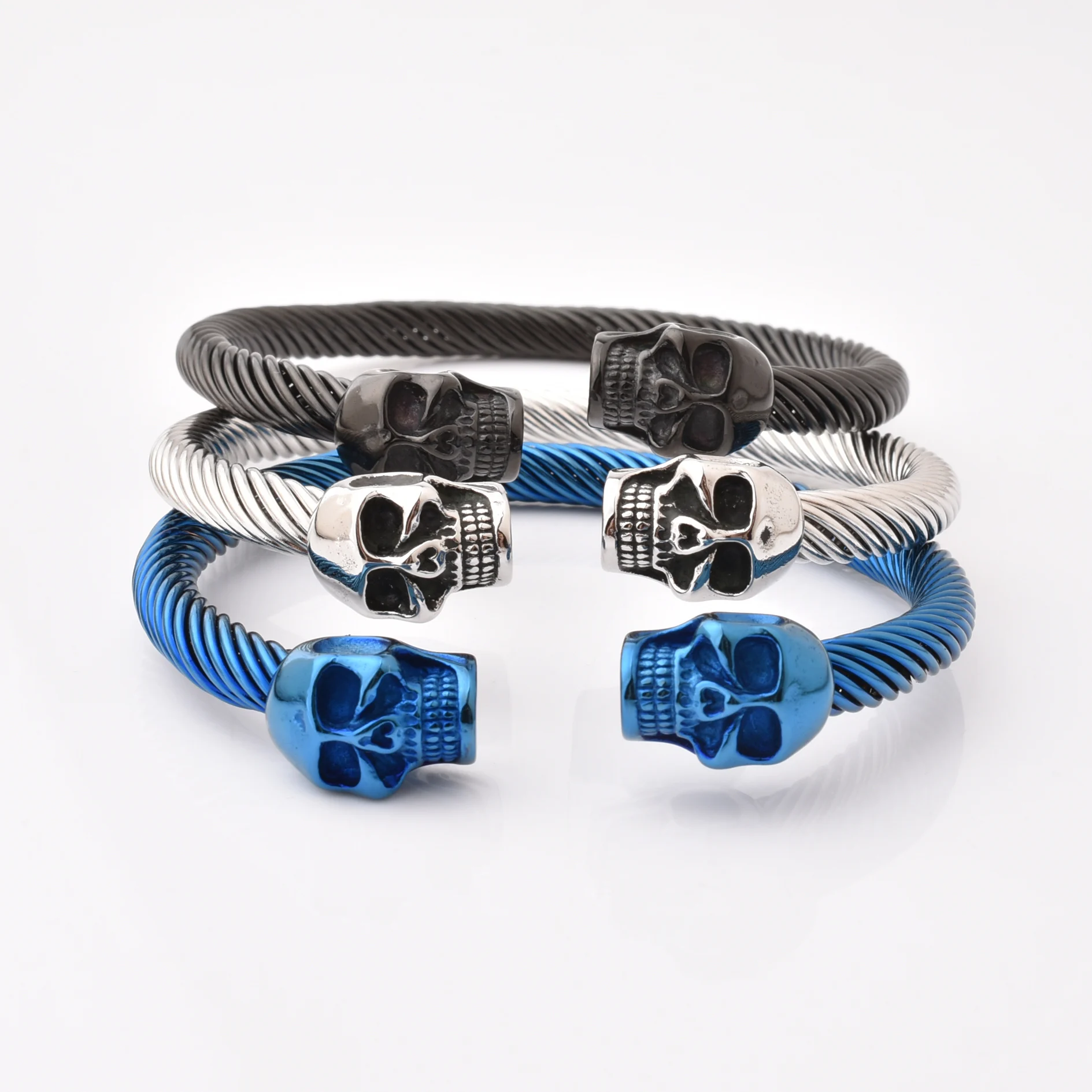 

Cool Style Blue Black Silver Color Stainless Steel Gothic Punck Skull Cuff Bangle