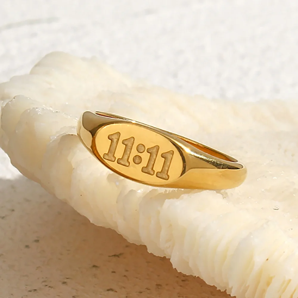 Tarnish Free Angel Number Oval 11:11 Engraved Ring Stainless Steel Gold Plated Rings Jewelry