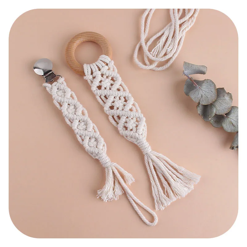 

Baby Teething Beech Wood Macrame Ring Metal Anti Dorp Baby Dummy Clip 2pcs/set