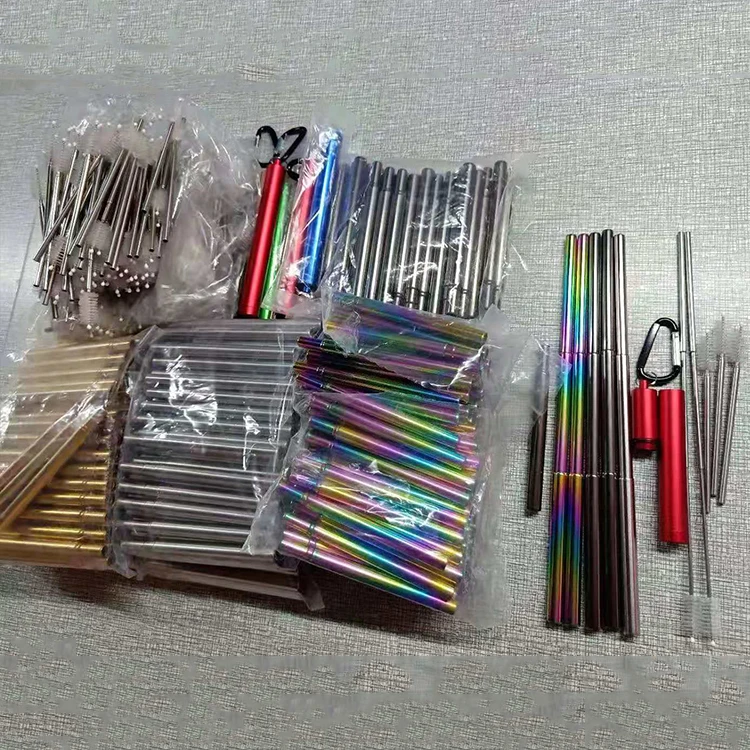 

Straw Round Bottom Aluminum Tube Telescopic Drinking Straws with Telescopic brush, Silver,red, rose gold, black, pink, green. etc