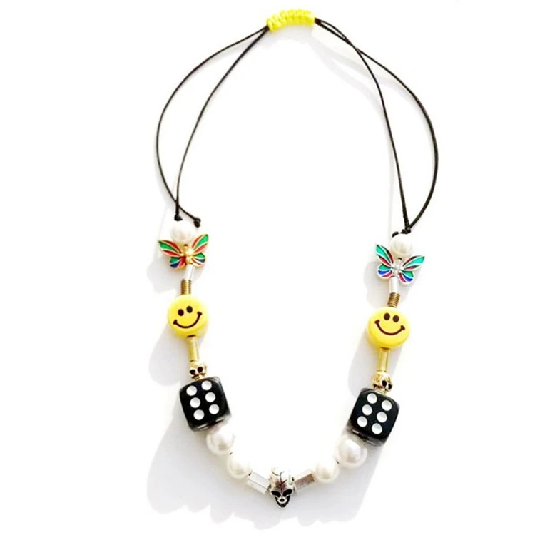 

VRIUA Punk Rock Stainless Steel Skull Lucky Dice Pearl Smiley Rope Beaded Adjustable Choker Women Men Fashion Jewelry Necklace