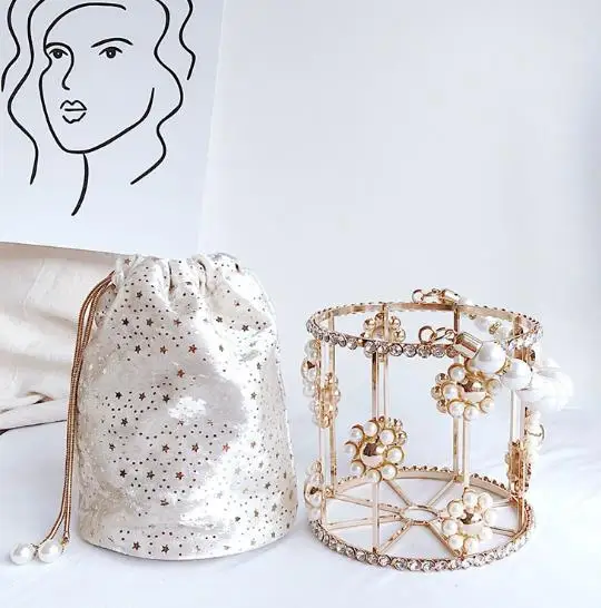 

Fashion Shinny Luxury Party Women Pearl Rhinestone Chains Bucket Metal Evening Handbag Clutch Bag Crystal Wedding Handbags, Customized