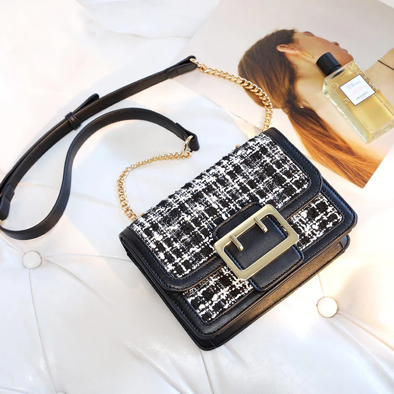 

Factory direct tweed shoulder bag adjustable shoulder strap diagonal bag lady bag, Black