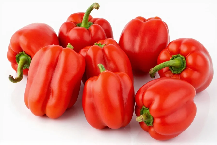 Fresh paprika peppers arranged in various stages of ripeness from green to deep red on wooden cutting board