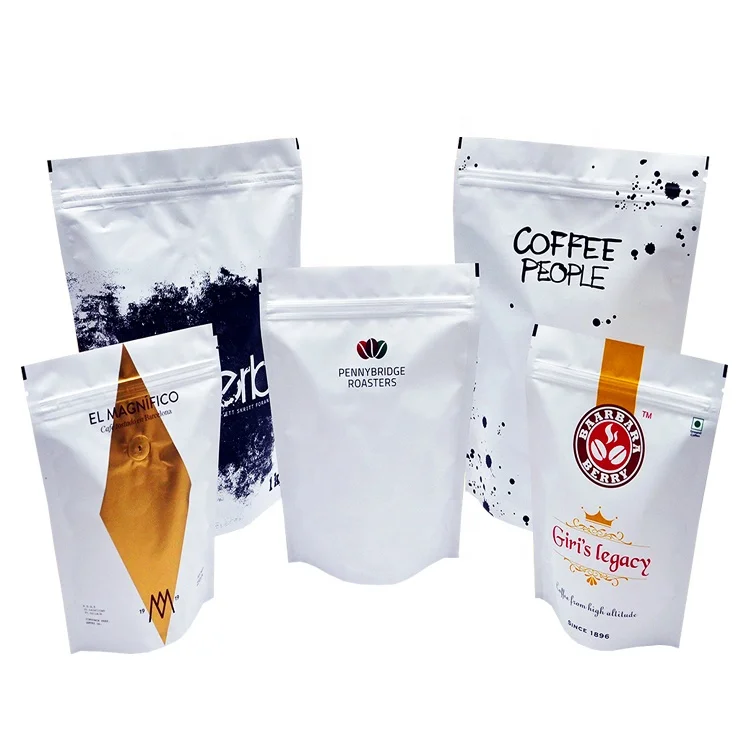 Custom Matte White Aluminum Foil Doypack Stand Up Pouch Ziplock Coffee Bag With Zipper
