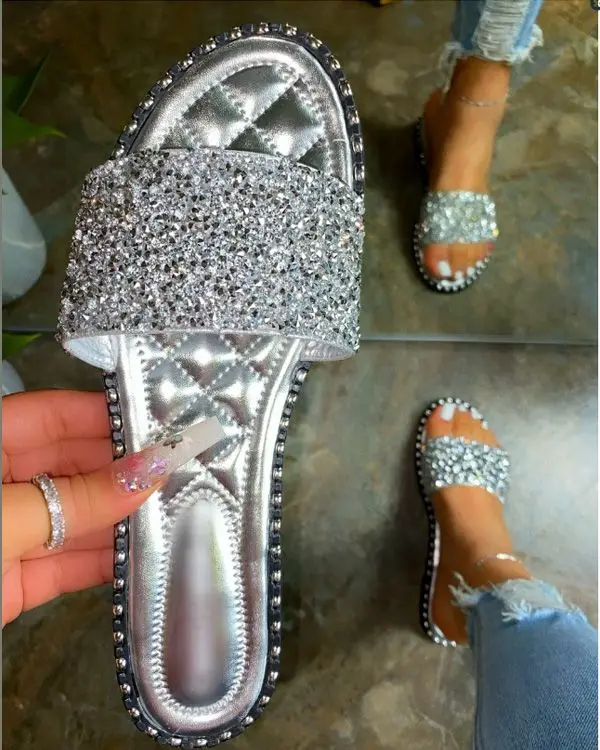 

Summer ladies flat slippers female women non slip shoes beach diamond women's bling sandals