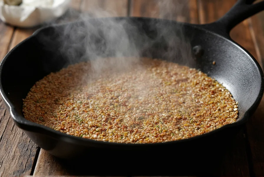 Chef toasting coriander and cumin seeds in a cast iron skillet with visible steam rising