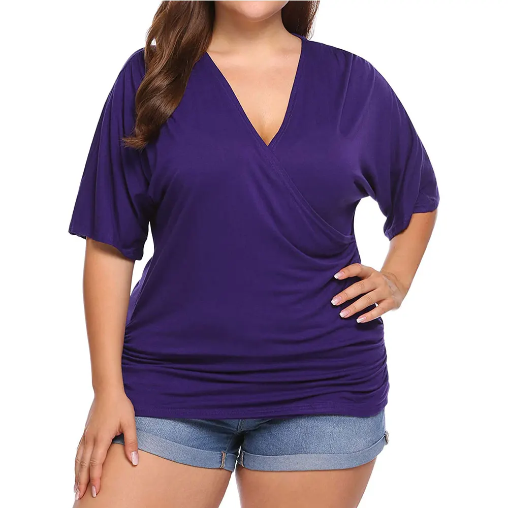 

Free Shipping Top Tunic Blouses 2021 Summer V Neck Wrap Short Sleeve Casual Plus Size Women Clothes, Customized color