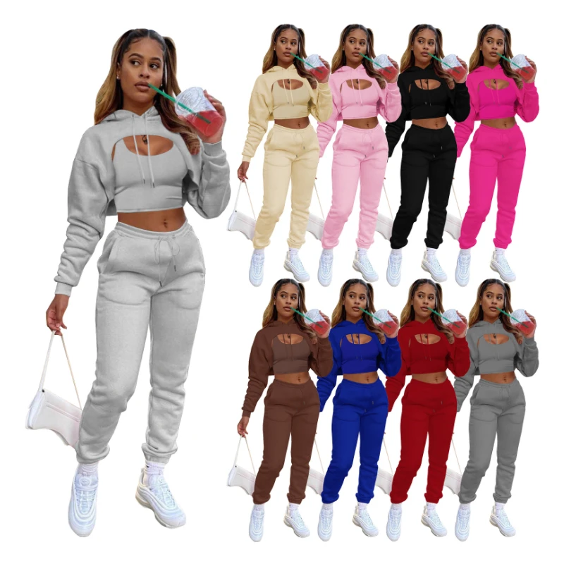 

HR8193 Add Velvet Drawstring Women's Hoodies & Sweatshirts 3 Piece Jogger Set Sweatshirts