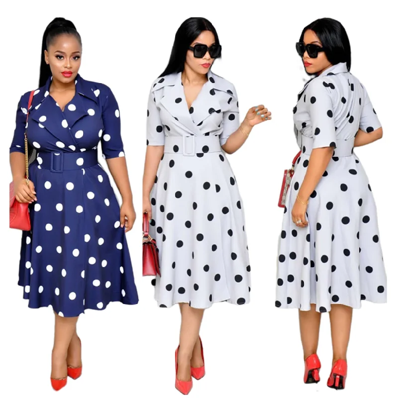 CFA394 Trendy African Dress Suit Collar Polka Dot Middle Sleeve Summer Dresses Large Swing Loose Dress With Belt