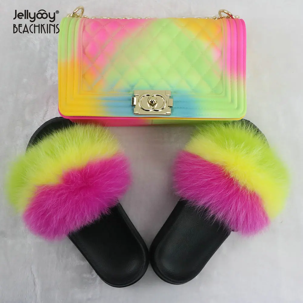 

Jellyooy BEACHKINS Matte Rainbow Jelly Bag With Fox Fur Slippers Sets Purse Bag Match Multicolor Fur Slides Sandals, Many colorful colors