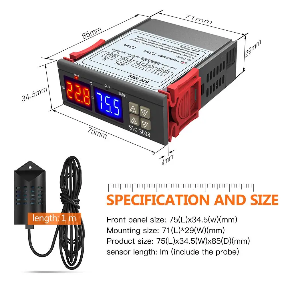 STC-3028 AC 110-220V 10A Digital Temperature Controller Dual Display Thermostat for Greenhouse/Pet Incubation/Farm/Fish Tank