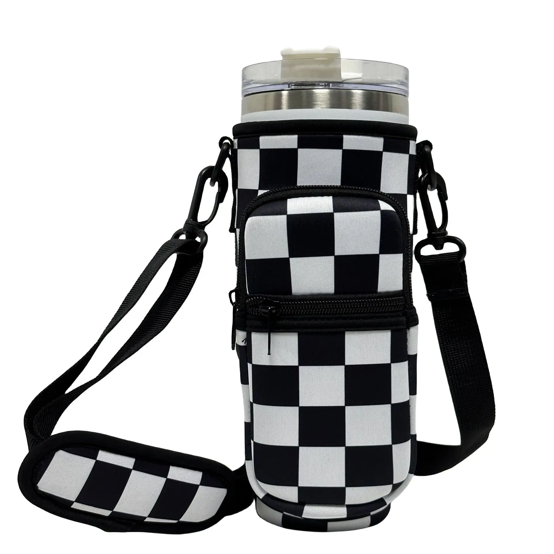 

Adjustable strap neoprene 40oz water bottle carrier sleeve pouch tumbler stanley cup holder sling bag with zipper phone pocket