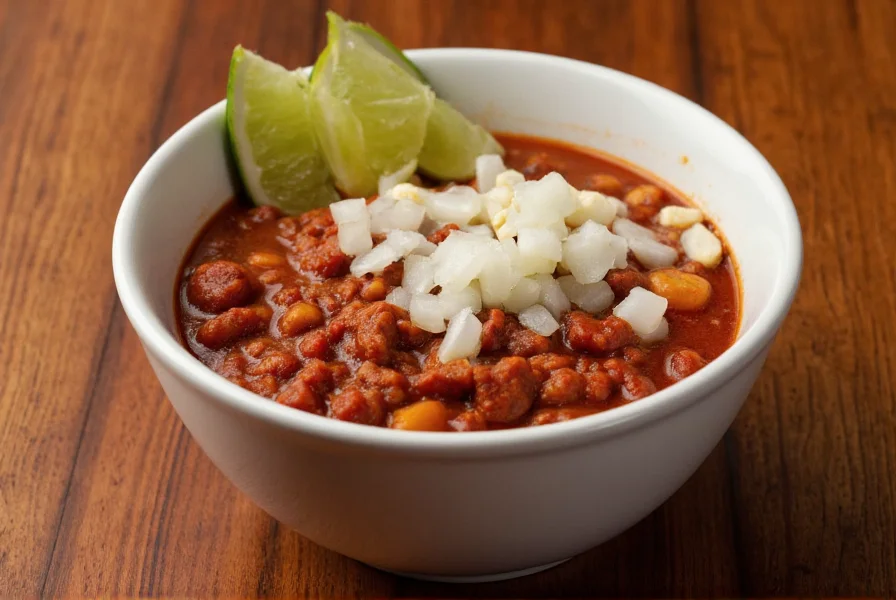 Bowl of classic chili served with oyster crackers, lime wedges, and diced white onion on wooden table