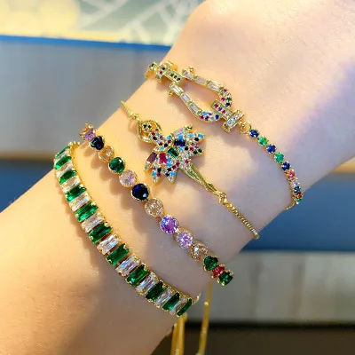 

European Style Sparkle Square Cubic Zirconia Dancing Girl Bracelet 18K Gold Colorful CZ Dancing Girl Charm Bracelet For Girls