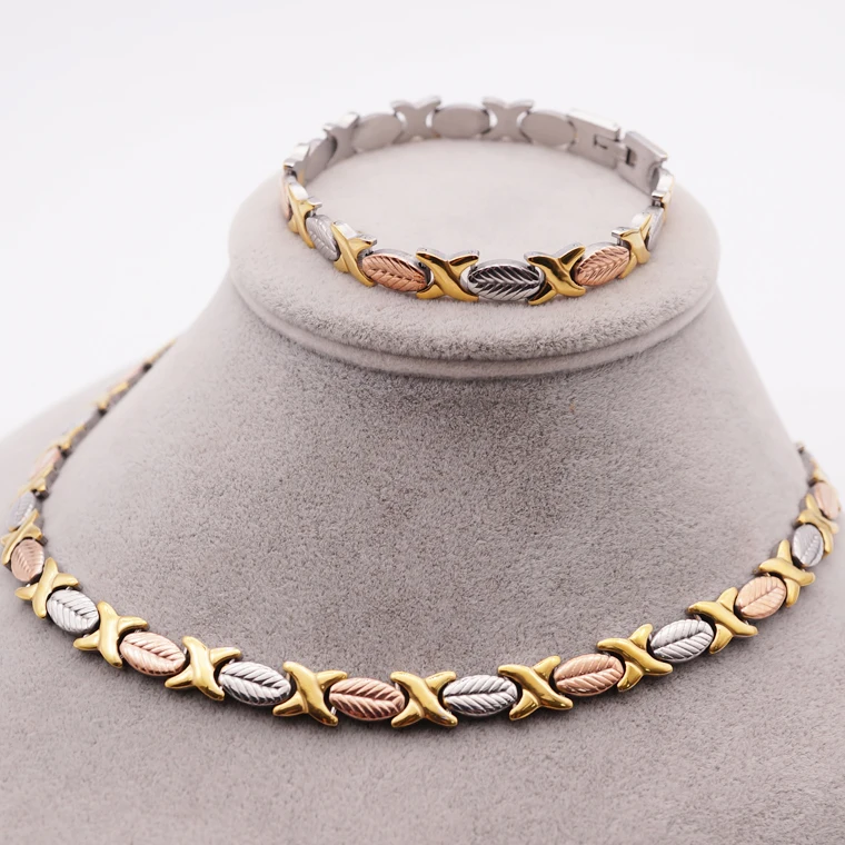 

Hot Sale Three Tones Gold Plated Stainless Steel Jewelry Necklace Set For Women, Gold,steel,two tones,three tones