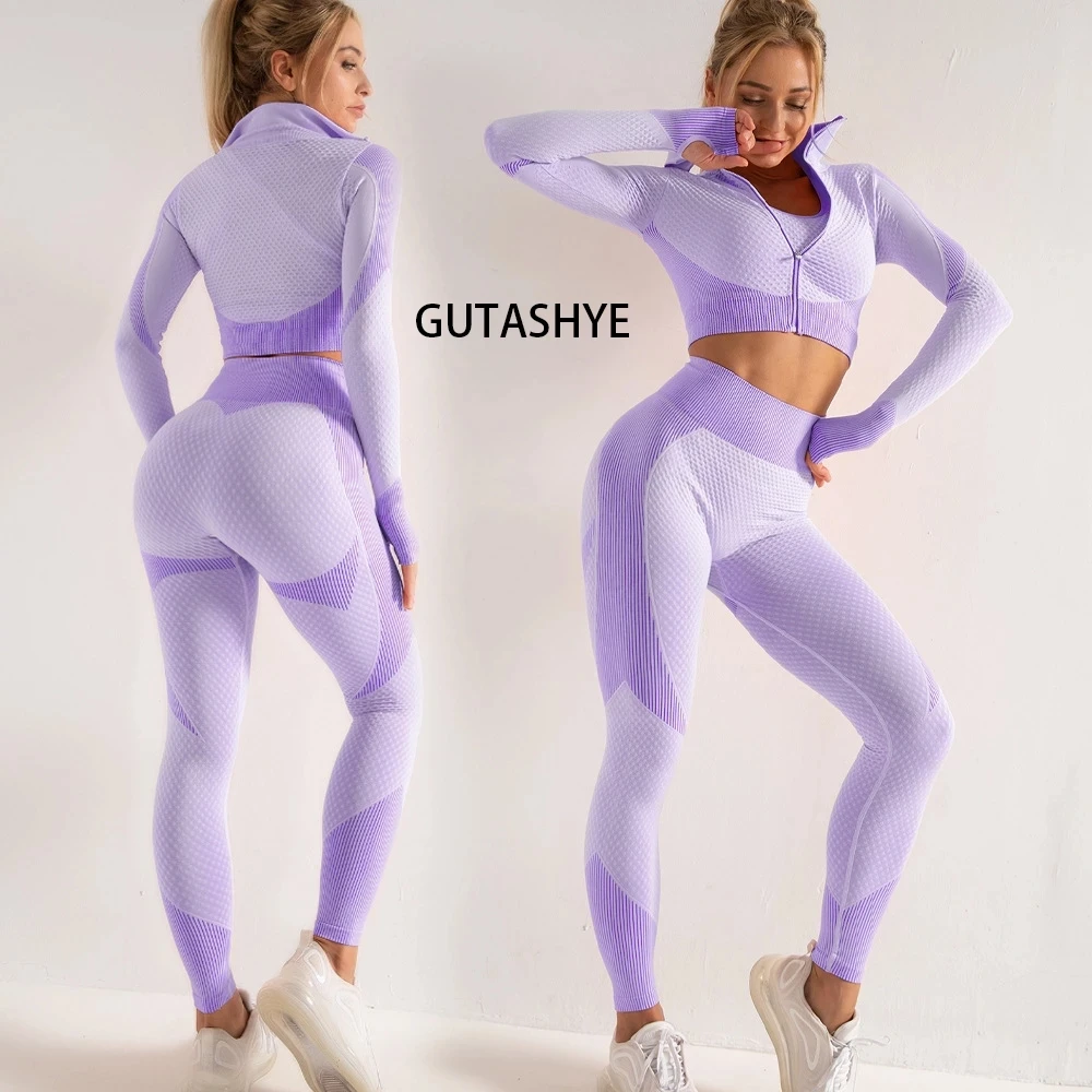 

Seamless yoga wear High Waisted Gradient Women tights Shark pants Sexy sports Zipped jacket Fitness gym legging yoga set, Customized colors
